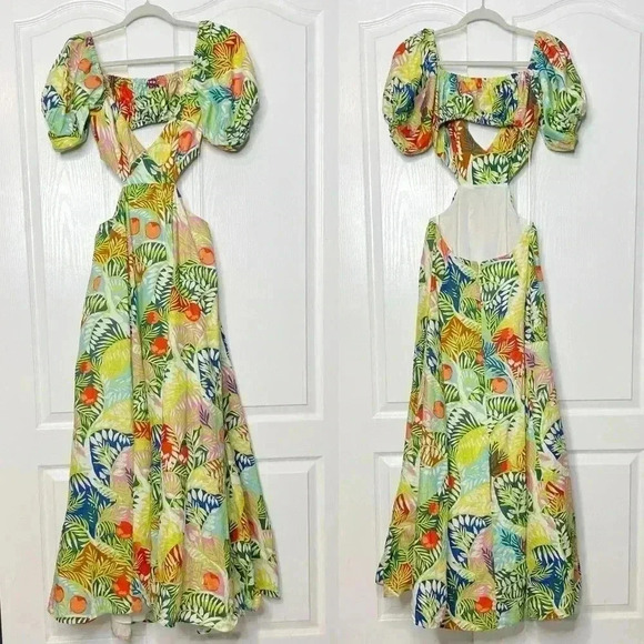 STAUD Coliseum Off-The-Shoulder Linen Tropical Print Dress Size 8 - Picture 13 of 16
